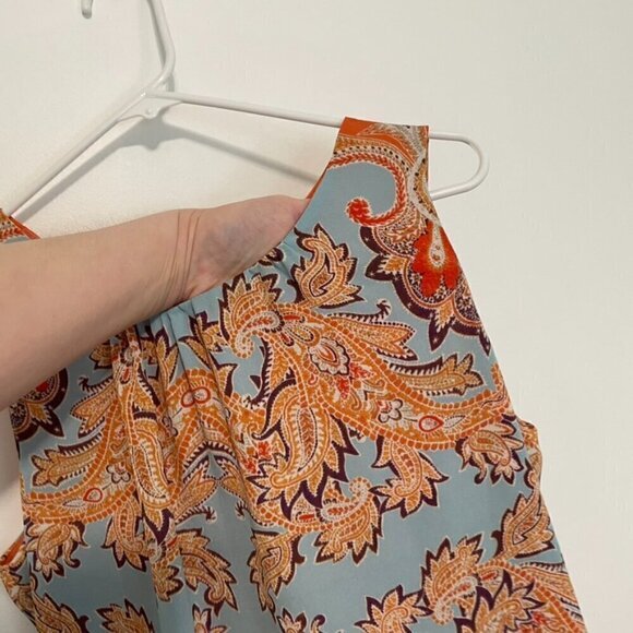 ROSE + OLIVE Orange Blue Paisley Geo Split Back Sleeveless Boho Tank Top Blouse - Picture 4 of 16
